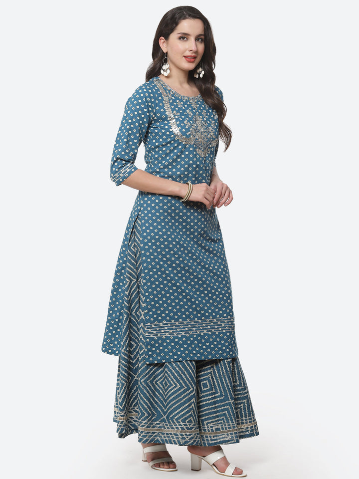 Printed Gota Work Cotton Kurti With Bandhani Printed Skirt