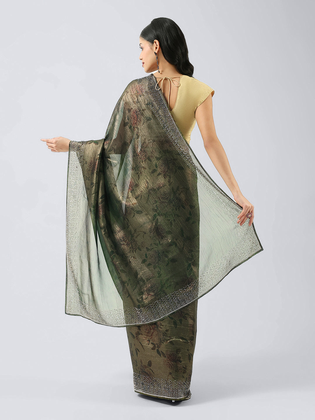 Printed &amp; Stone Border Chiffon Saree