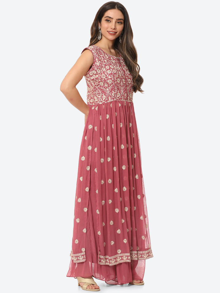 Resham Booti Georgette Kurta With Palazzo &amp; Dupatta
