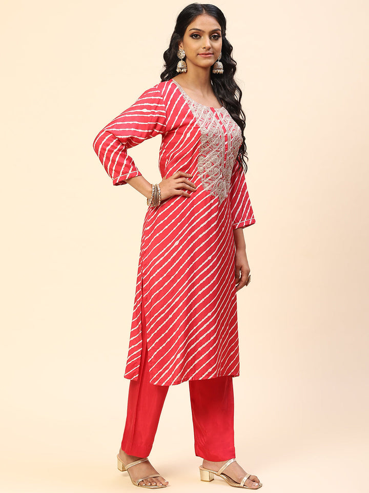 Neck Embroidered Leheriya Printed Cotton Kurta With Pants
