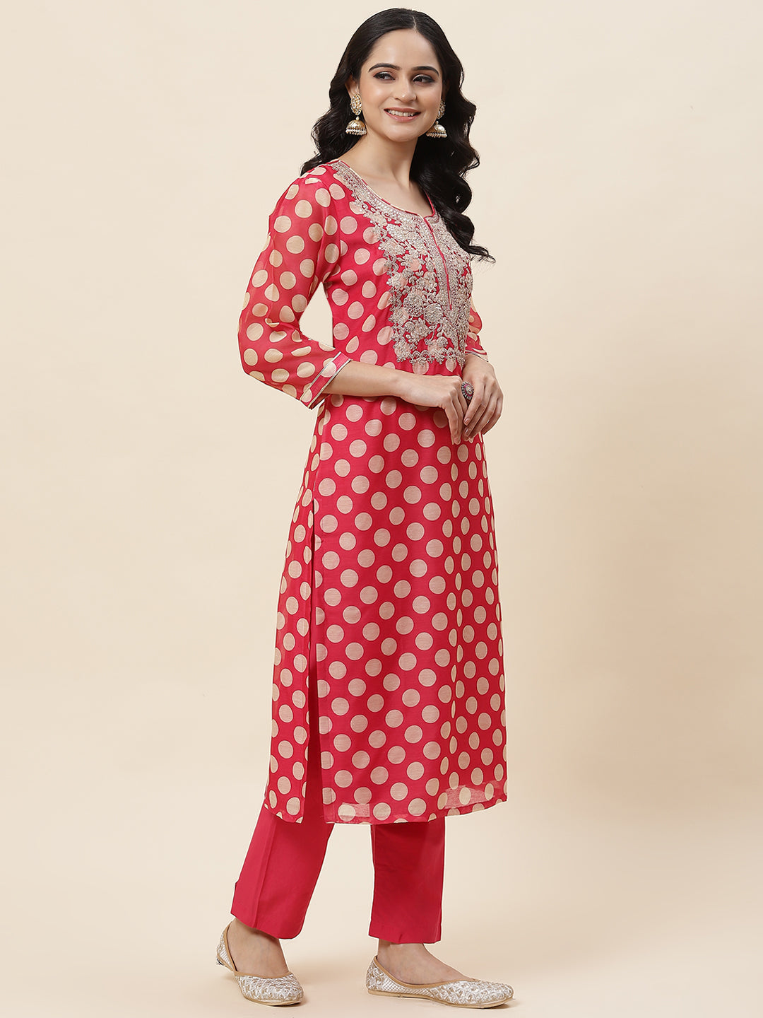Polka Dot Printed Chanderi Kurta With Pants &amp; Dupatta