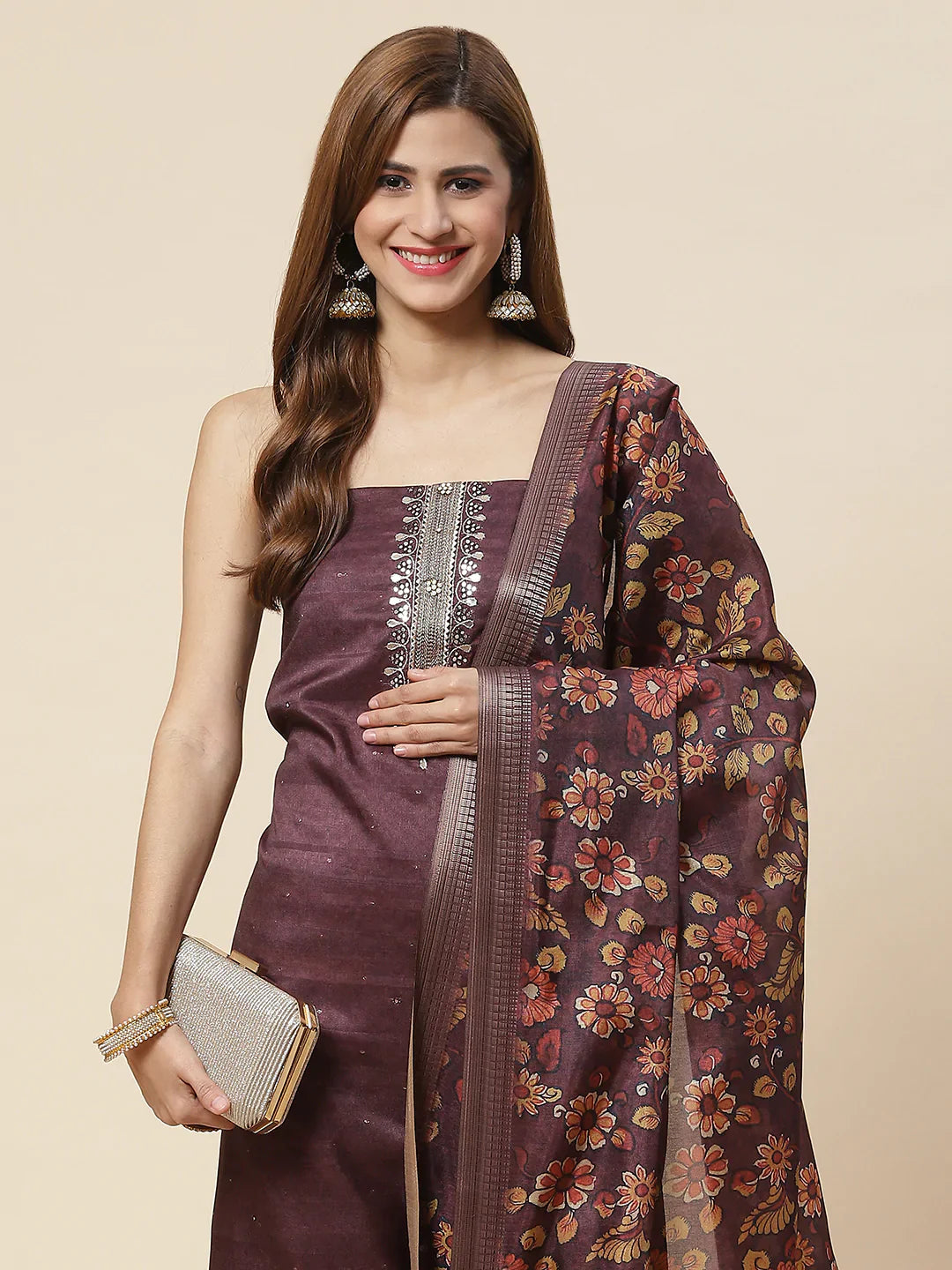 Neck Embroidered Chanderi Unstitched Suit Piece With Dupatta
