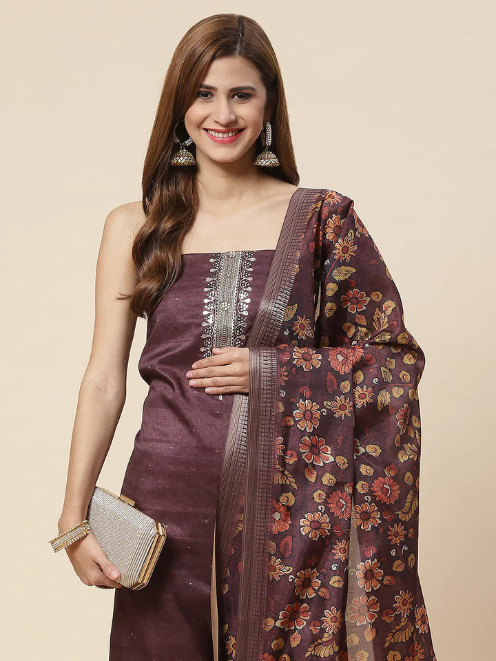 Neck Embroidered Chanderi Unstitched Suit Piece With Dupatta