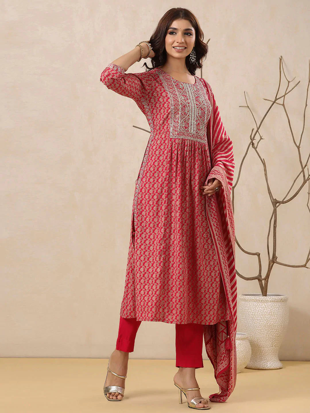 Neck Embroidered Muslin Kurta With Pants &amp; Dupatta