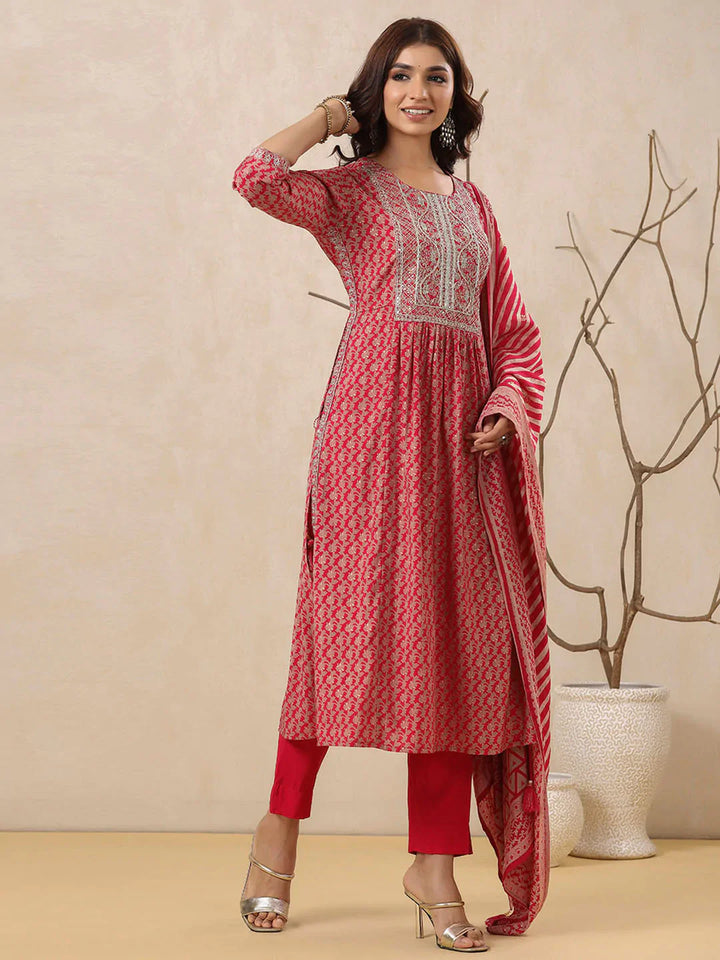Neck Embroidered Muslin Kurta With Pants &amp; Dupatta