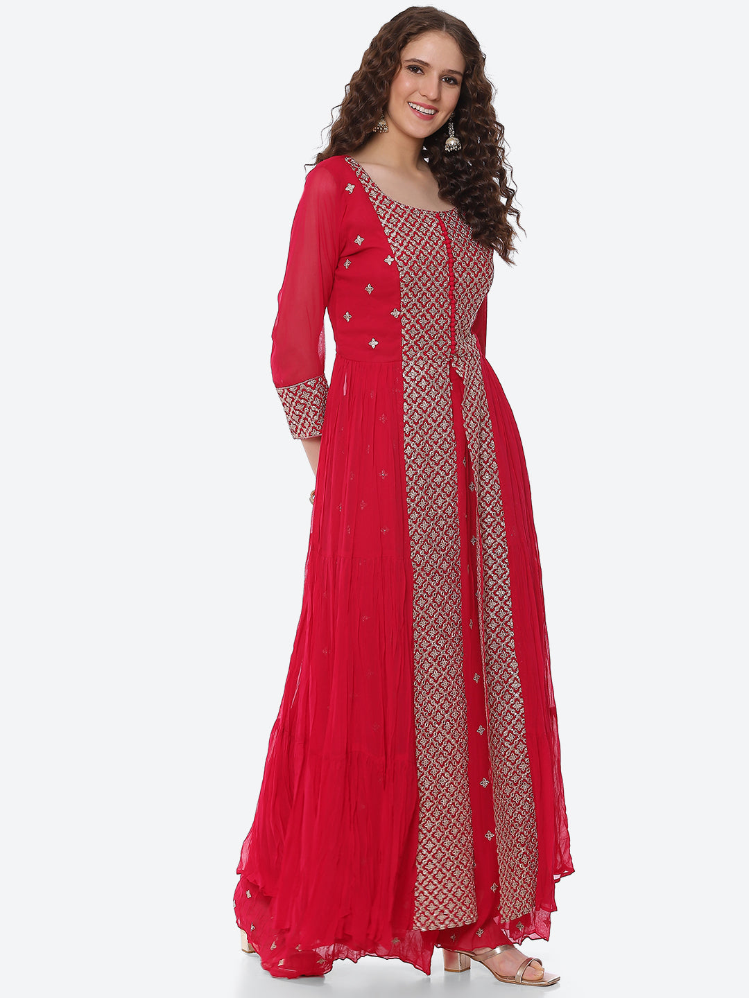 Zari Booti Neck Embroidered Georgette Kurta With Palazzo &amp; Dupatta