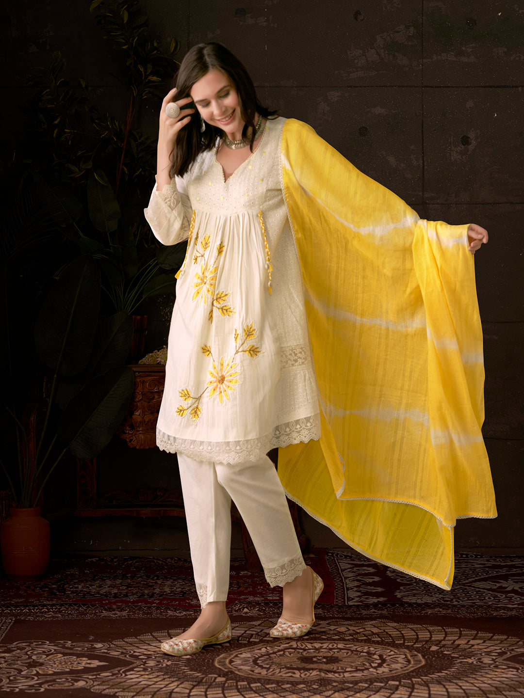Embroidered Cotton Kurta With Pant &amp; Dupatta