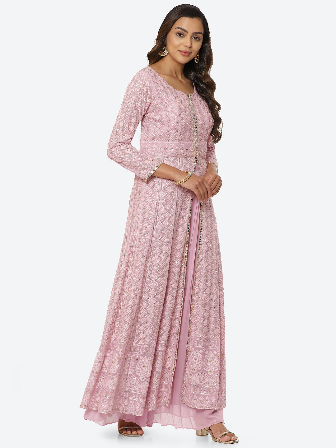 Thread Work Georgette Kurta With Palazzo &amp; Net Dupatta