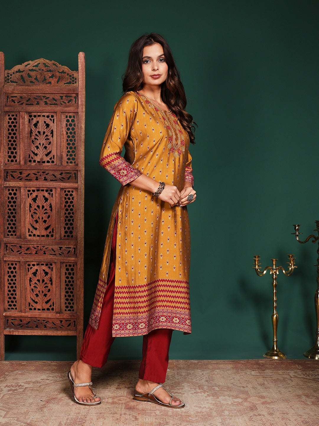 Floral Printed Art Silk Kurta With Pant &amp; Dupatta