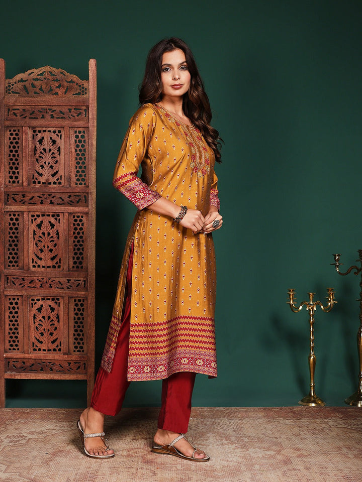 Floral Printed Art Silk Kurta With Pant &amp; Dupatta