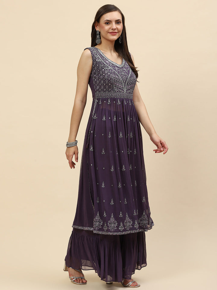 Resham Mirror Booti Georgette Kurta With Palazzo &amp; Dupatta