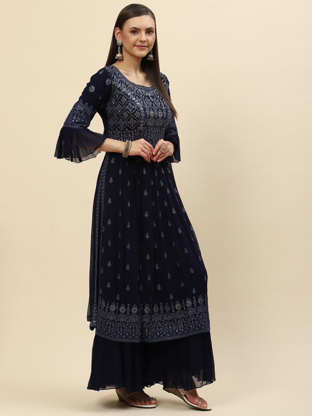 Resham Sequin Embroidered Georgette Kurta With Palazzo &amp; Dupatta