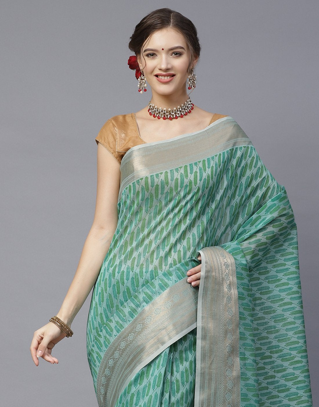 Cotton Printed Saree with Golden Zari Border