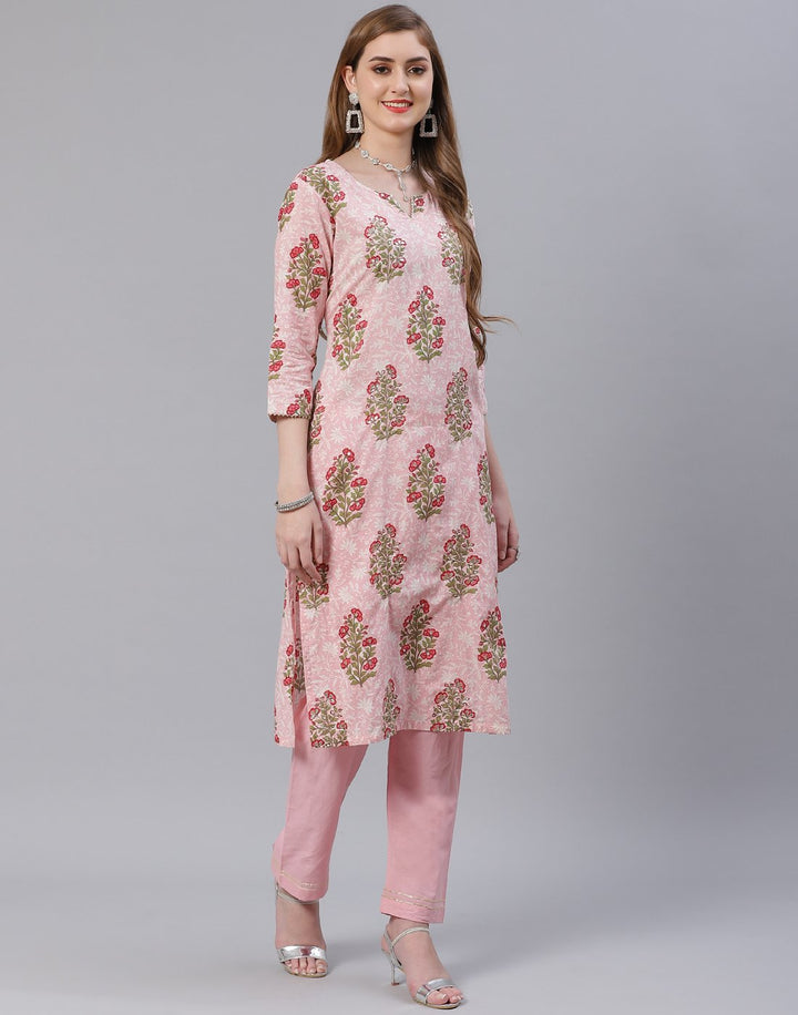 Dusty Green and Pink Cotton Salwar Kameez Stitched Suit