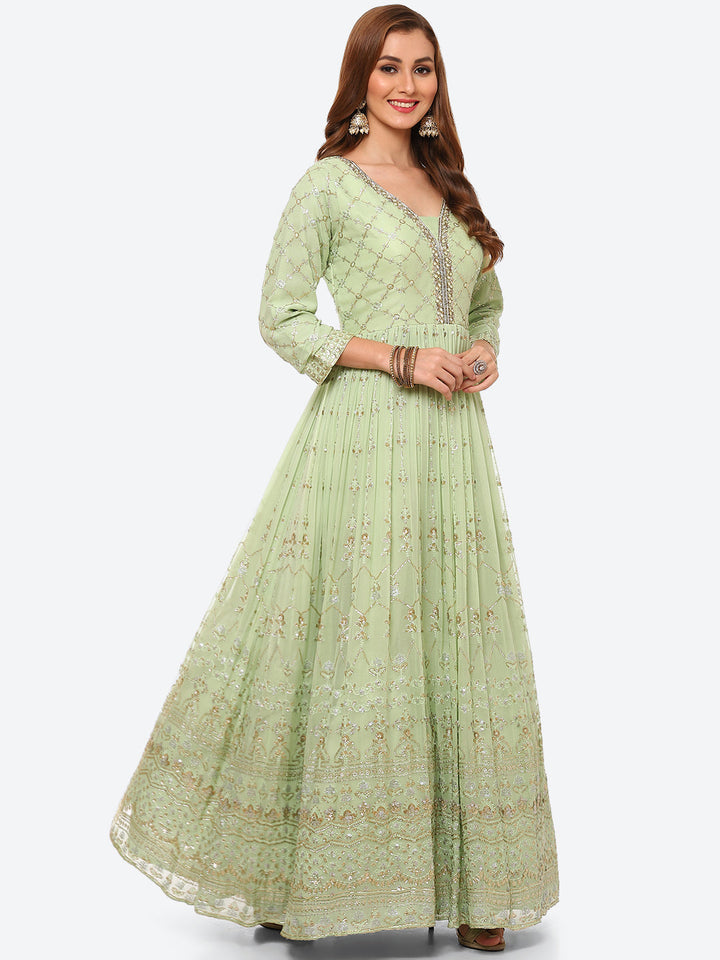 Sequin Work Georgette Anarkali Kurta With Churidar &amp; Net Dupatta