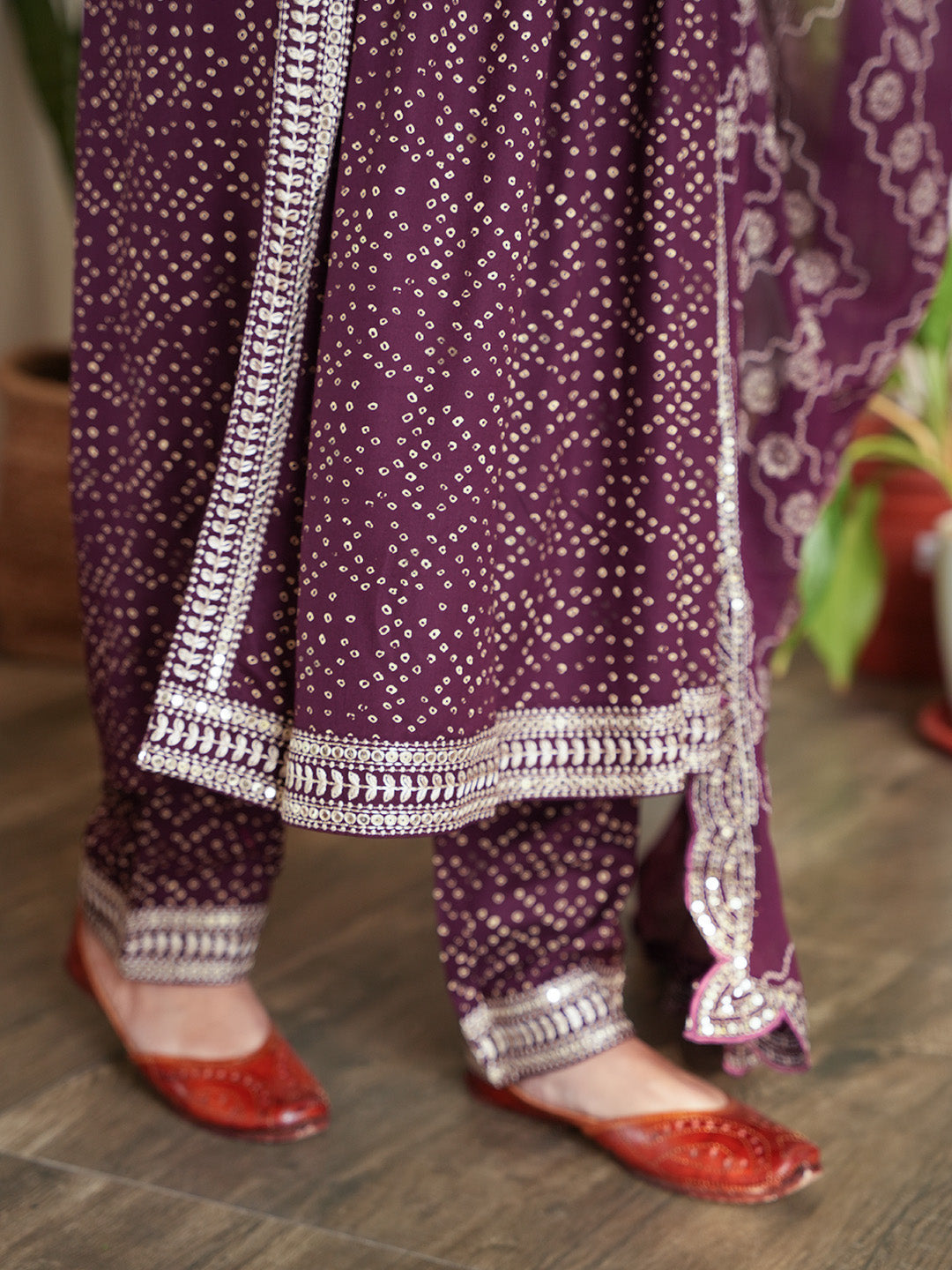 Bandhani Embroidered Rayon Kurta With Pants &amp; Dupatta