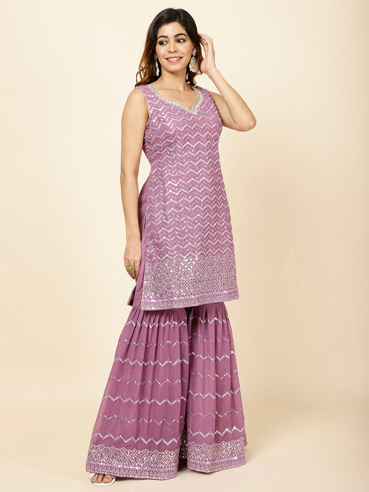 Embroidered Georgette Kurta With Garara &amp; Dupatta