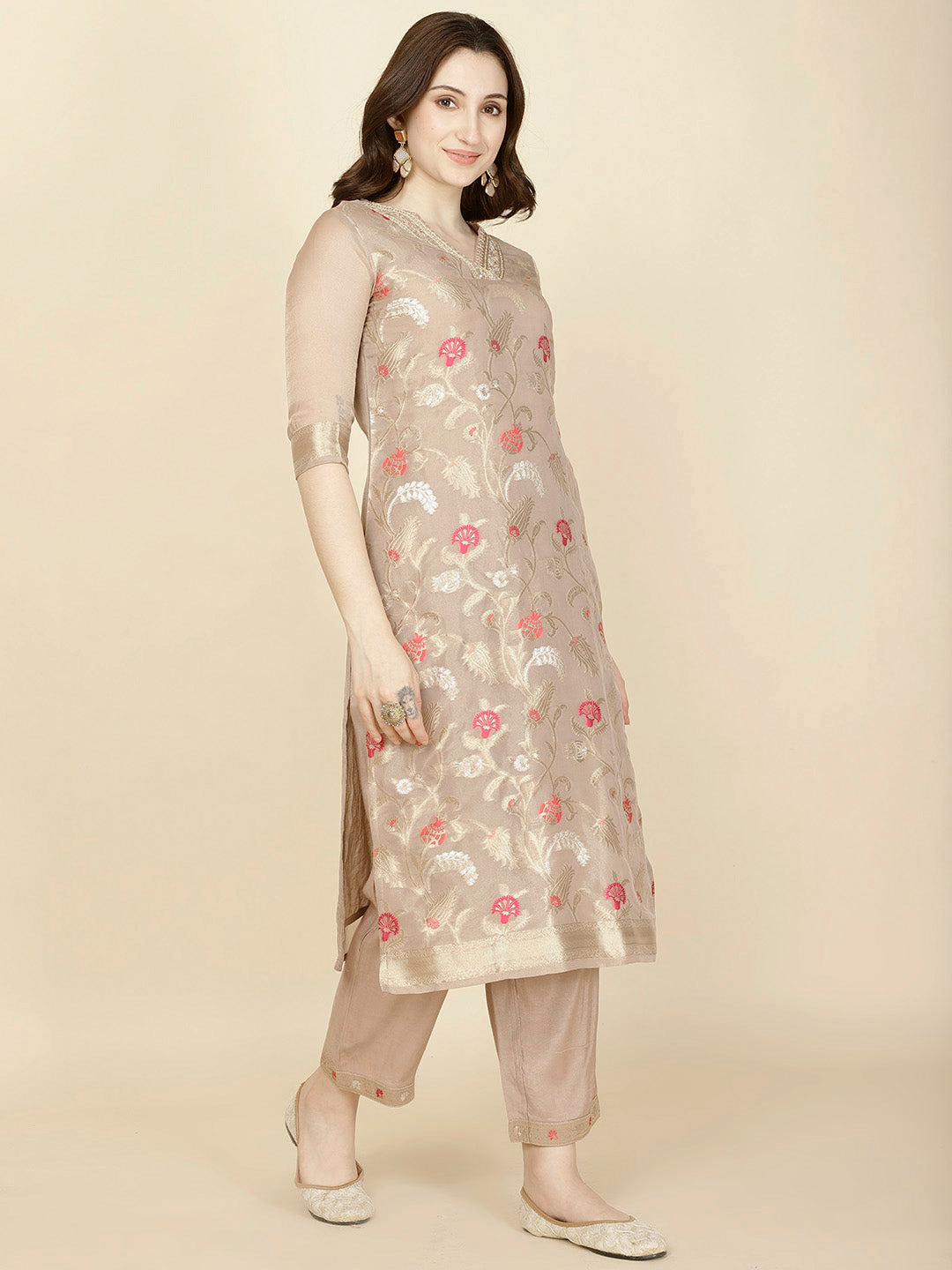 Floral Woven Tissue Kurta With Pants &amp; Dupatta