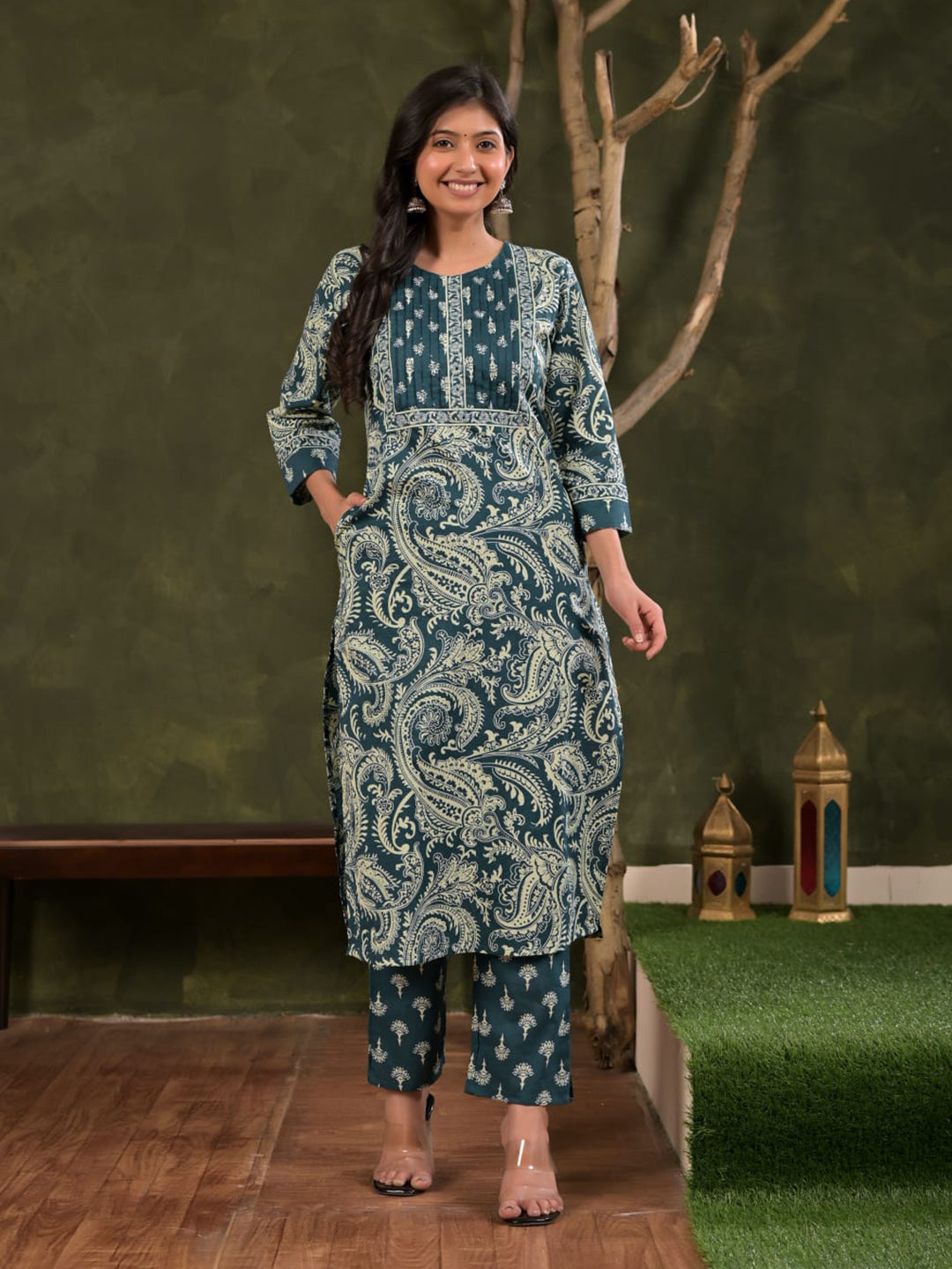 Blue Embroidered Cotton Blend Straight Suit Set With Dupatta