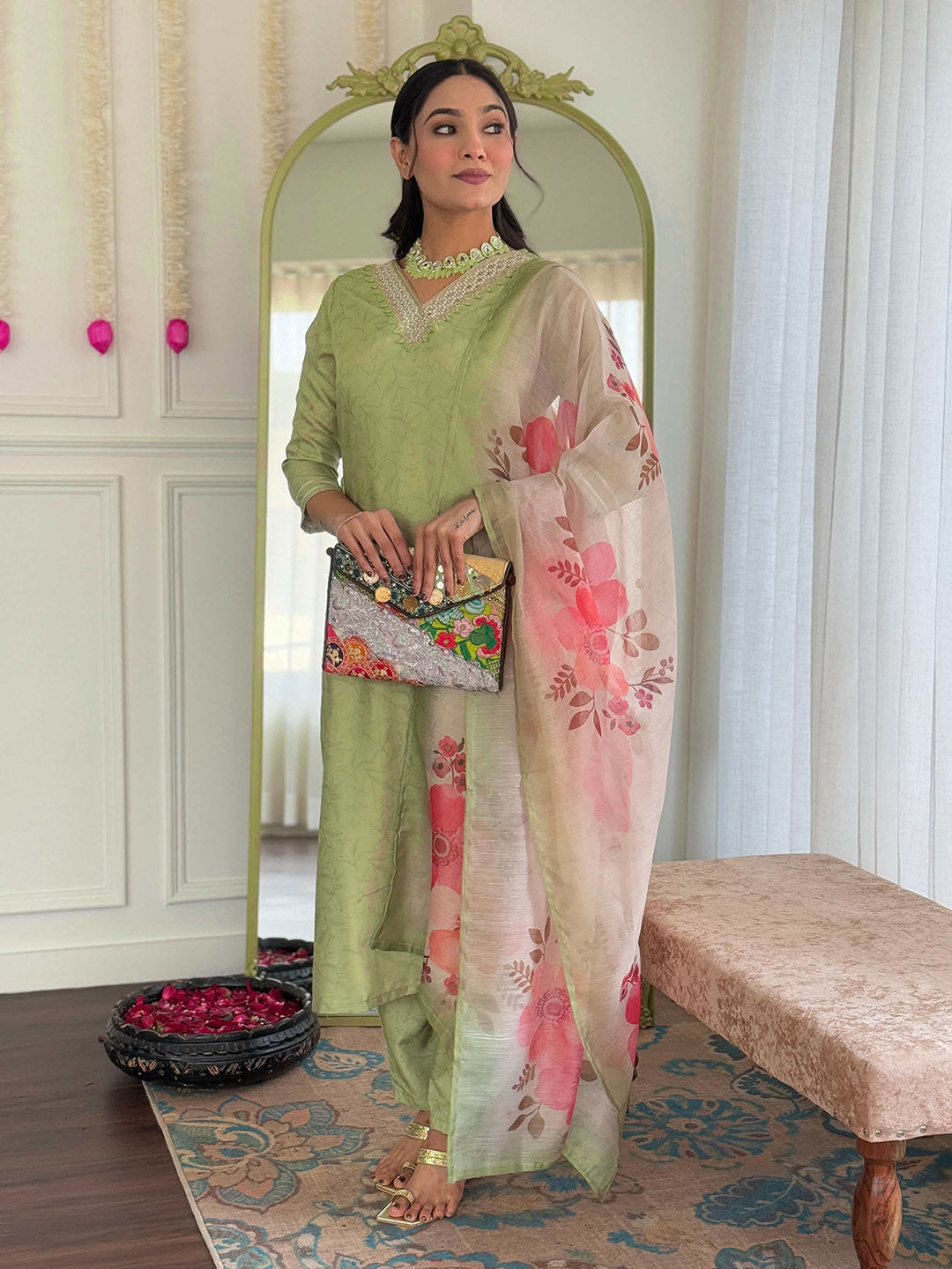 Printed Embroidery Cotton Blend Kurta With Pants &amp; Dupatta