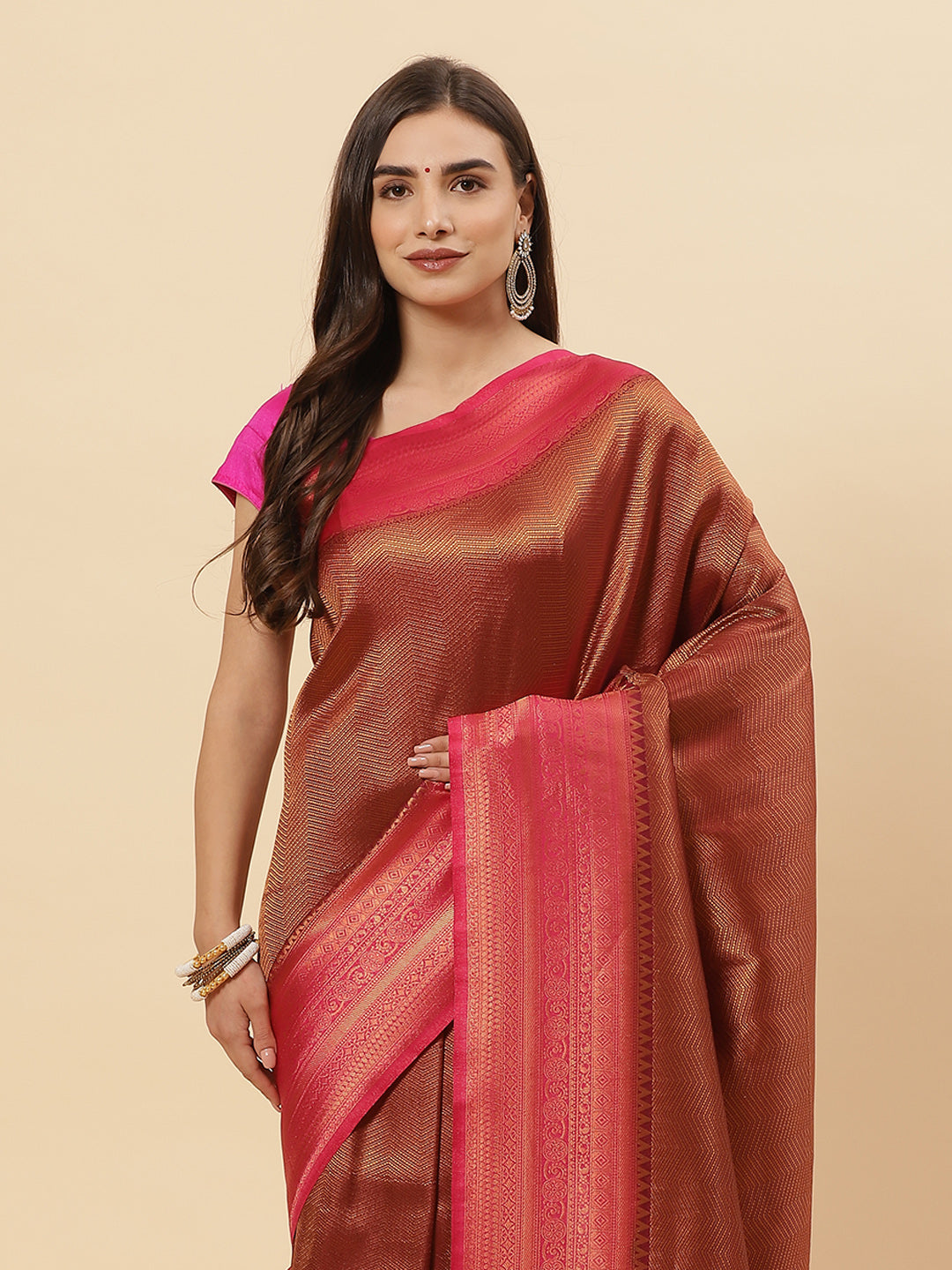 Brocade Zari Jaal  Art Handloom Saree With Contrast Blouse