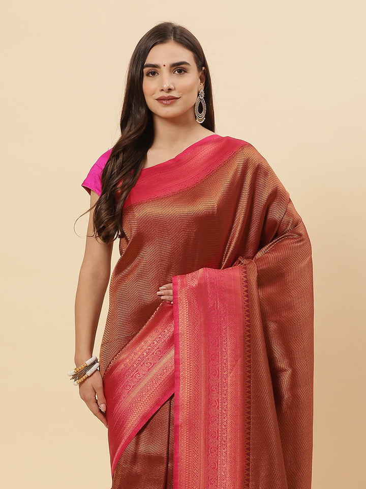 Brocade Zari Jaal  Art Handloom Saree With Contrast Blouse