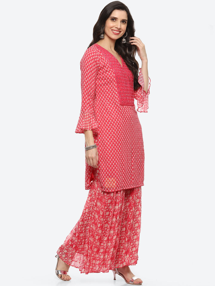 Printed Georgette Kurta With Garara &amp; Chiffon Dupatta