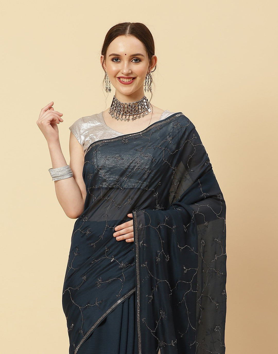Embroidered Stone Work Art Crepe Saree