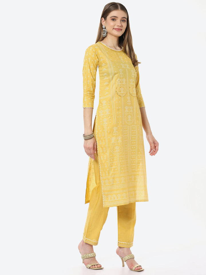 Bandhani Mirror Work Cotton Kurta With Pant &amp; Cotton Dupatta