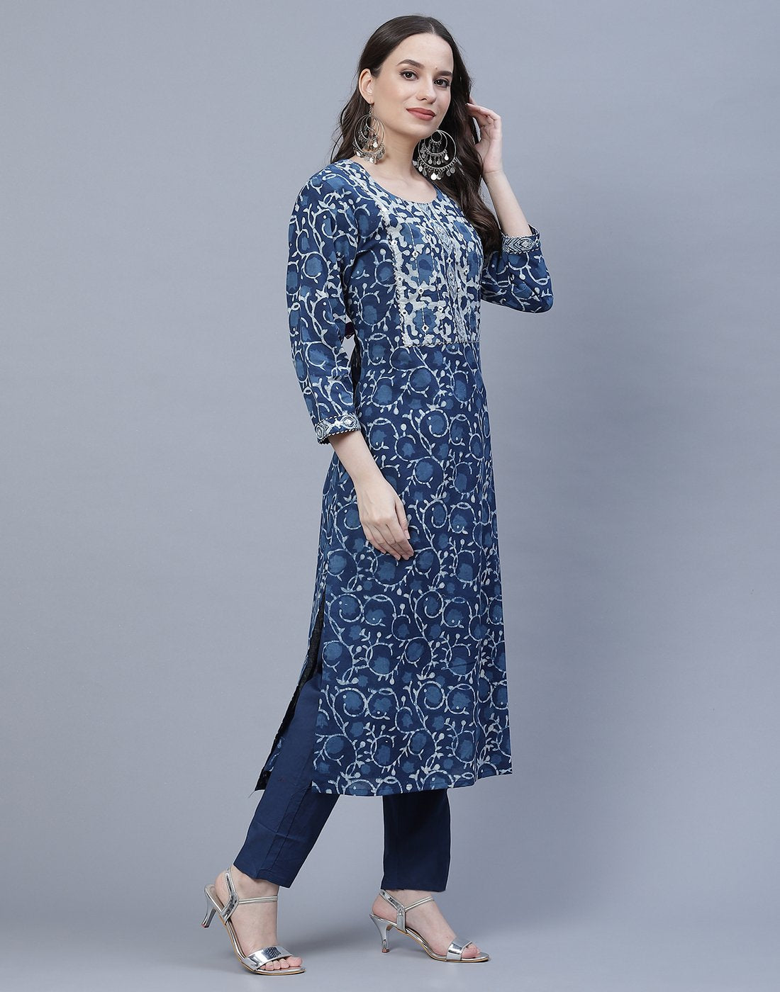 Indigo Cotton Printed Kurti Pant Set
