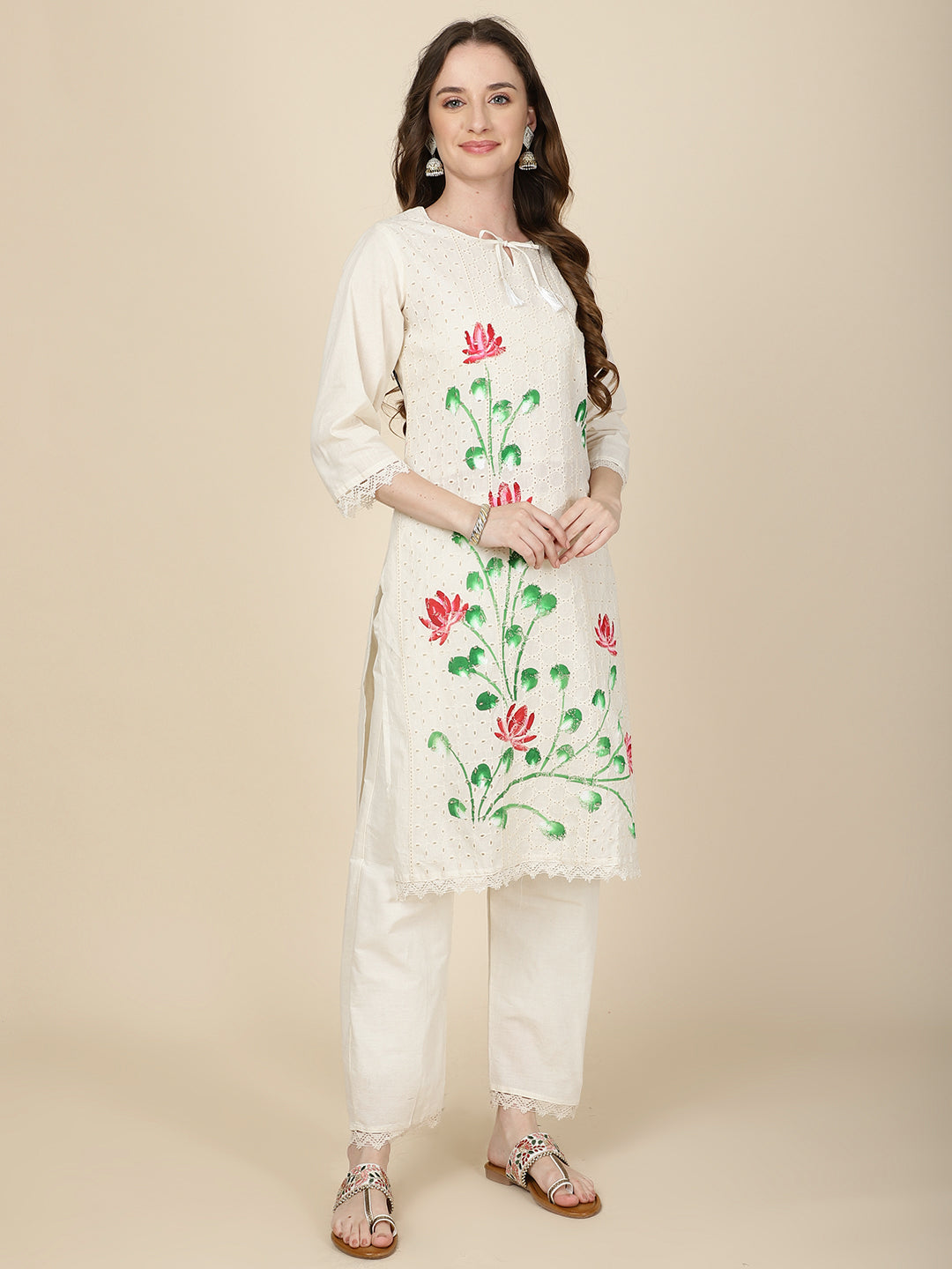 Floral Printed Cotton Kurta With Pants &amp; Dupatta