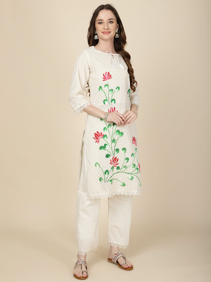Floral Printed Cotton Kurta With Pants &amp; Dupatta