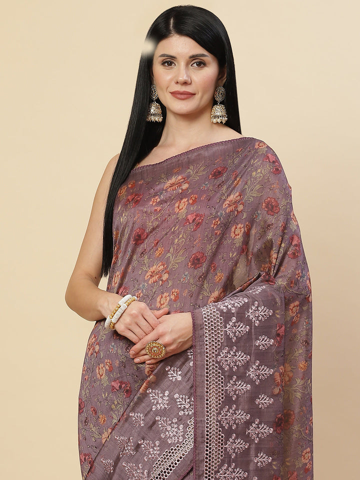 Floral Printed &amp; Embroidered Handloom Saree
