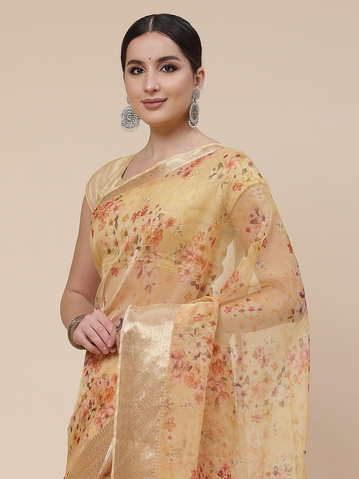 Floral Digital Printed Zari Border Organza Saree