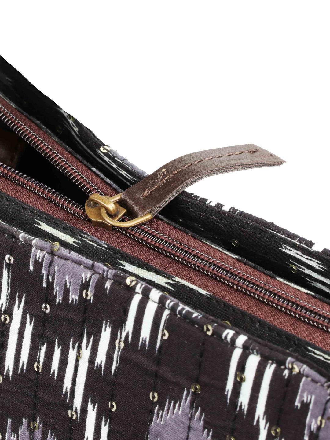 Black Printed Cotton Handbag With Pouch