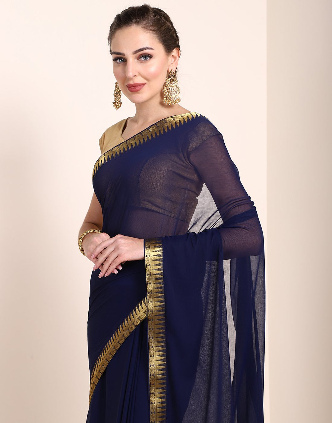 MBZ Meena Bazaar-Navy Blue Art Chiffon Saree