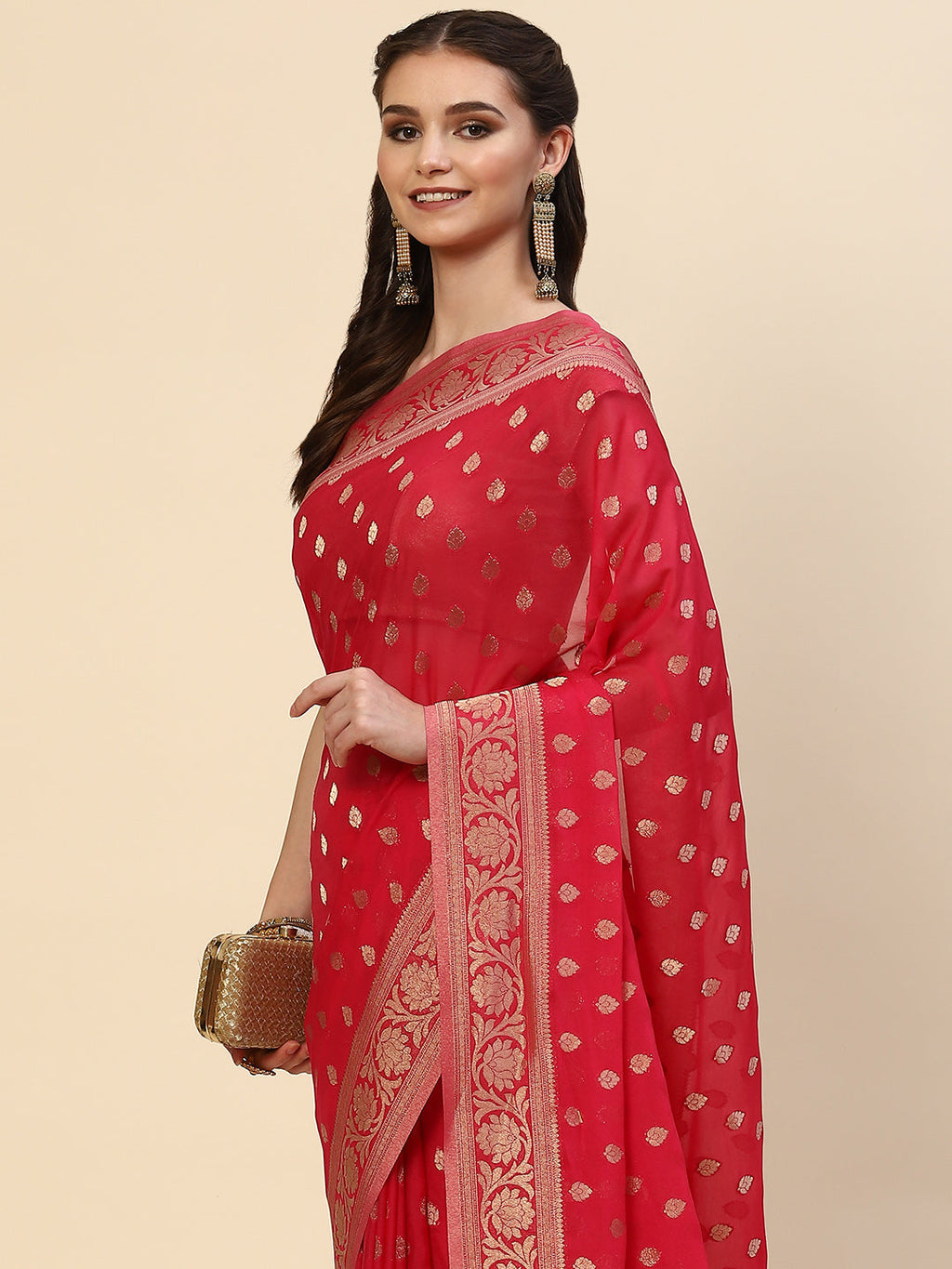 Zari Border Booti Georgette Plain Saree