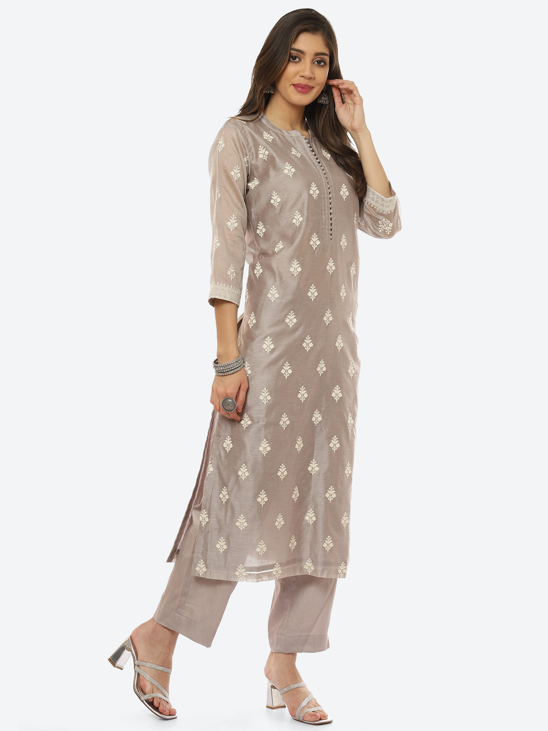 Resham Booti Cotton Kurta With Pant &amp; Dupatta