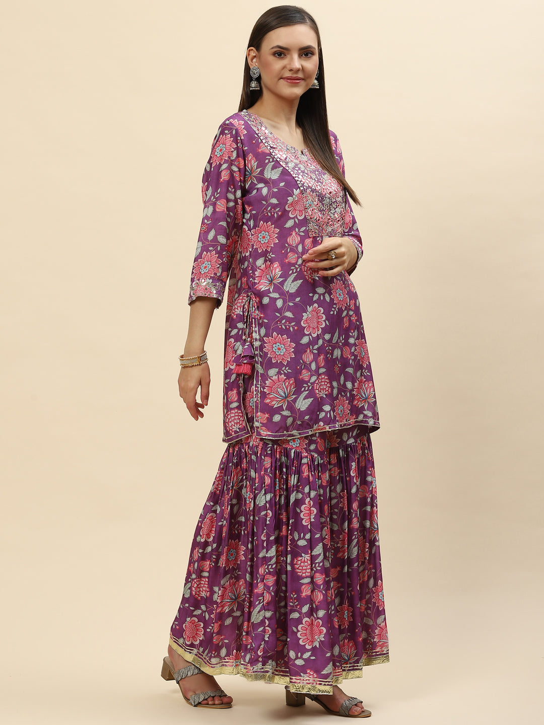 Floral Digital Printed Chanderi Kurta With Garara & Dupatta