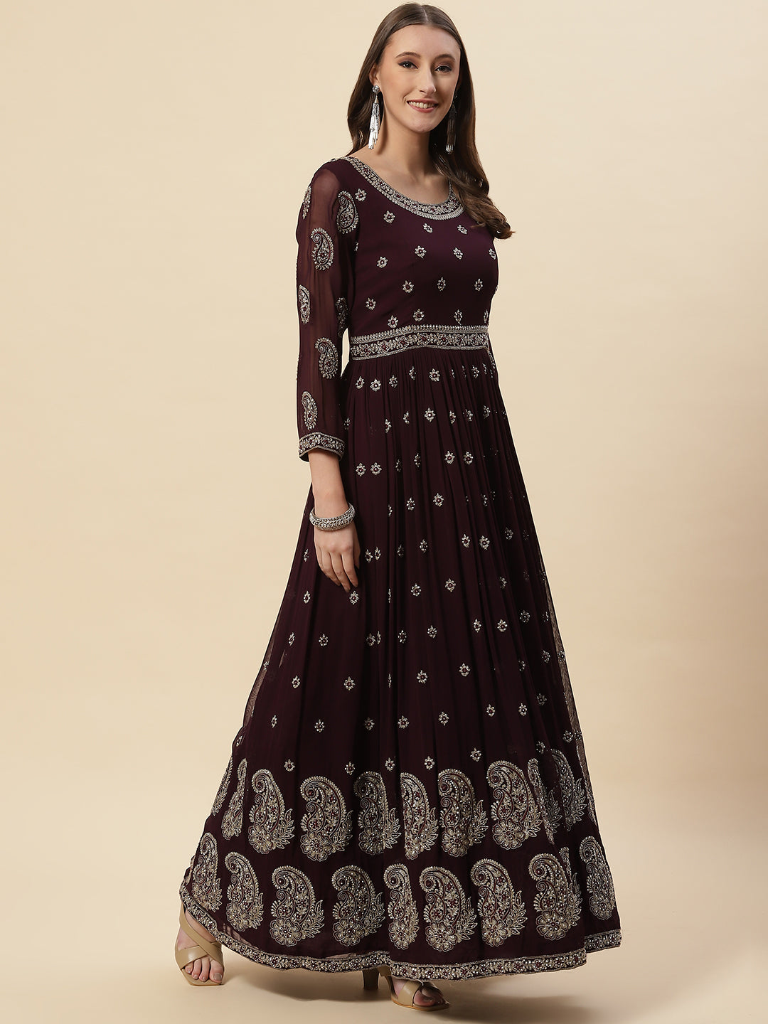 Resham Zari Embroidered Georgette Anarkali Kurta With Churidar &amp; Dupatta