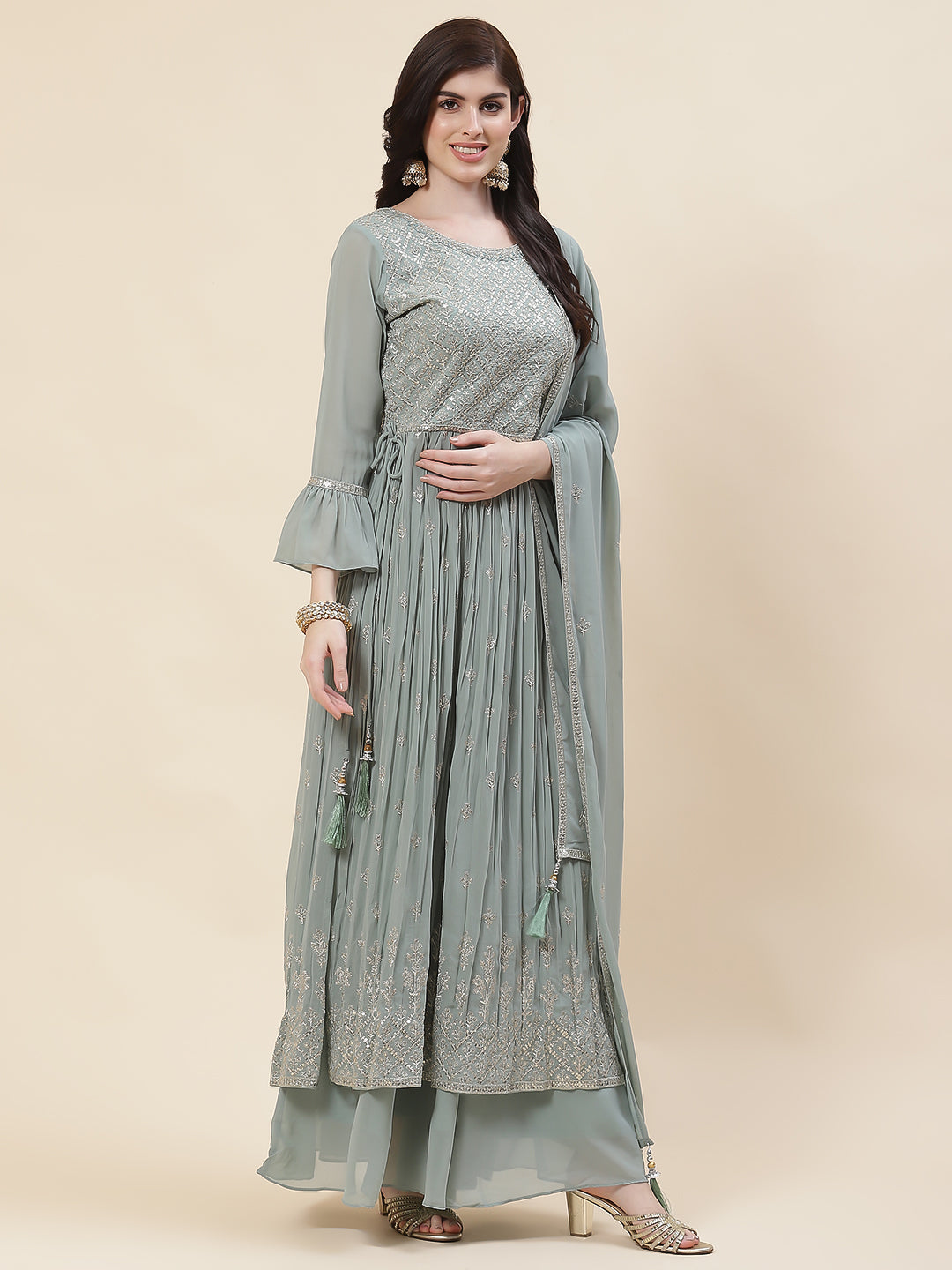 Zari Embroidered Booti Georgette Kurta With Palazzo &amp; Dupatta
