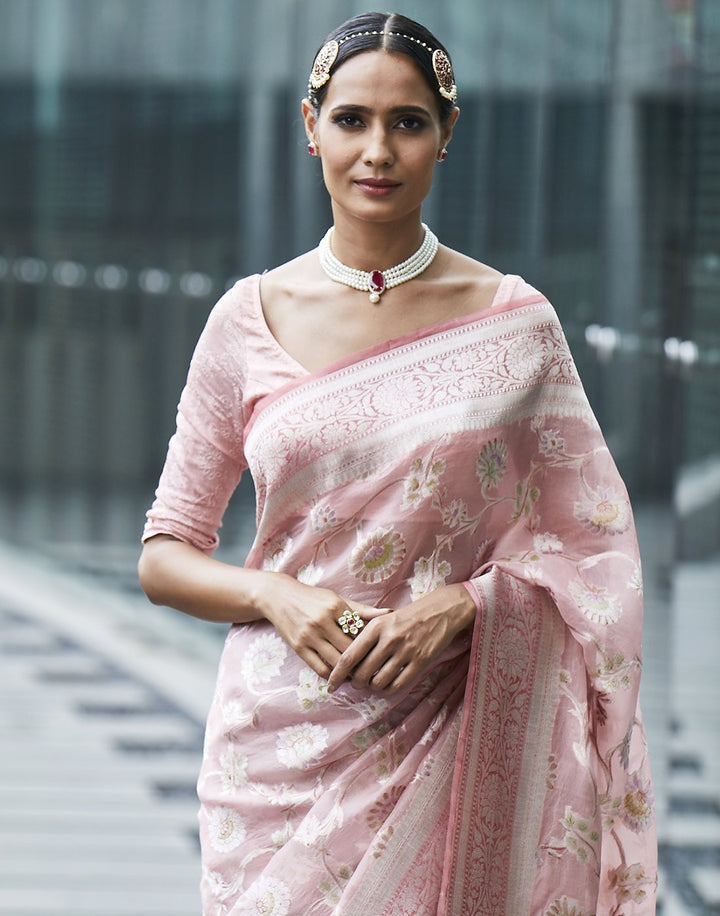 Floral Silver Jaal Banarasi Kora  Saree