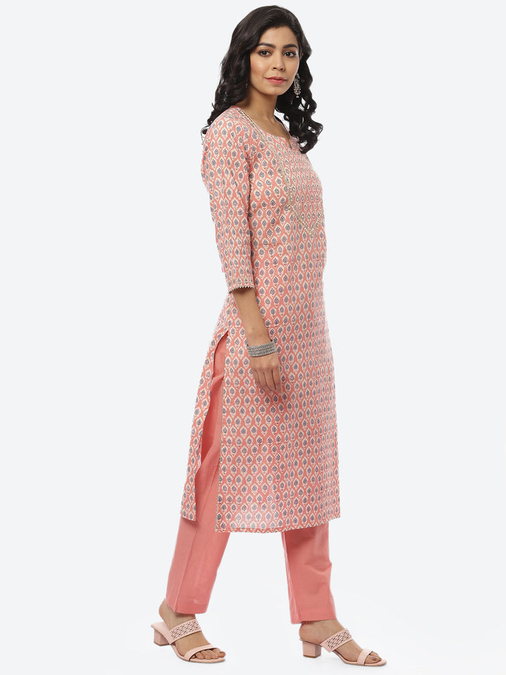Printed Gota Neck Cotton Kurti With Pant