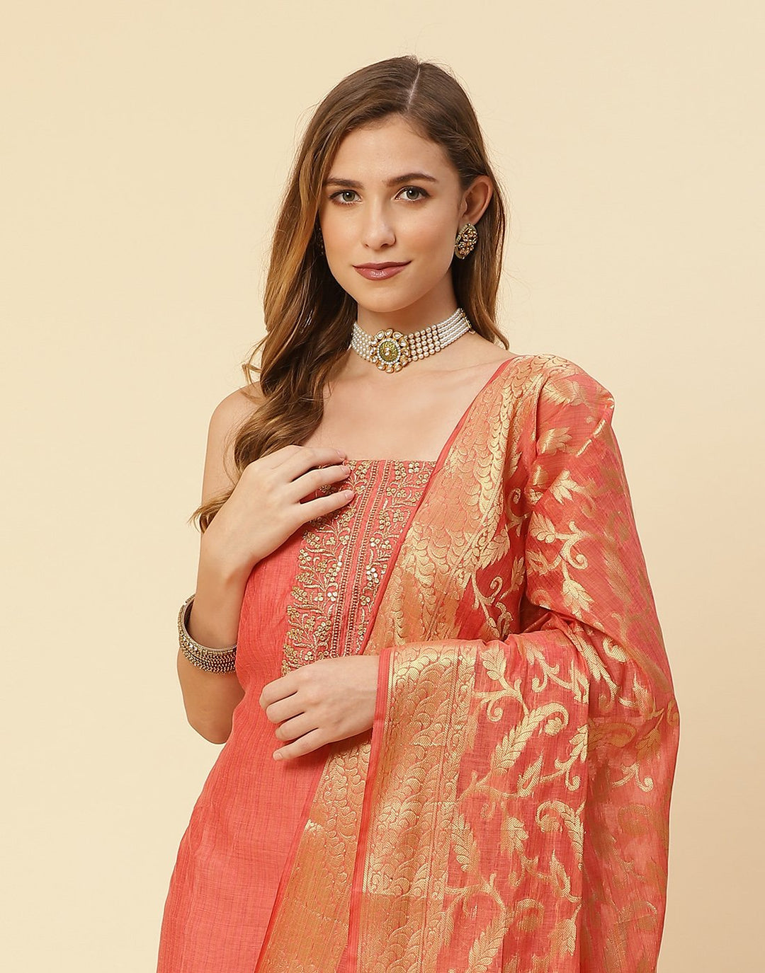 Embroidered Chanderi Suit Piece With Chanderi Banarasi Dupatta