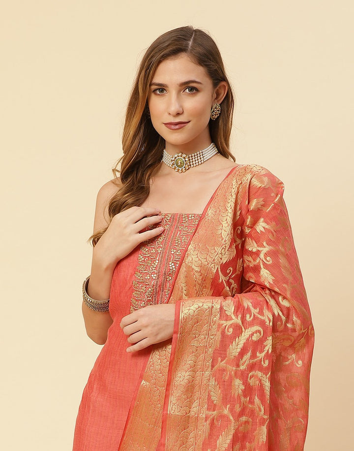 Embroidered Chanderi Suit Piece With Chanderi Banarasi Dupatta