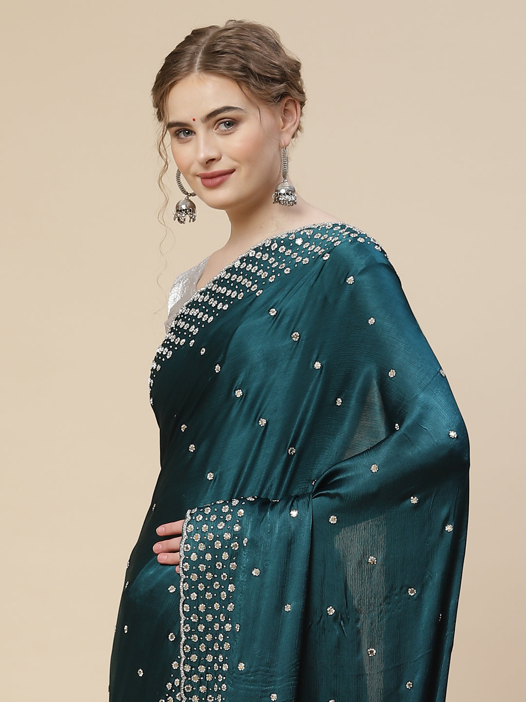 Stone Booti Pure Satin Embroided Saree