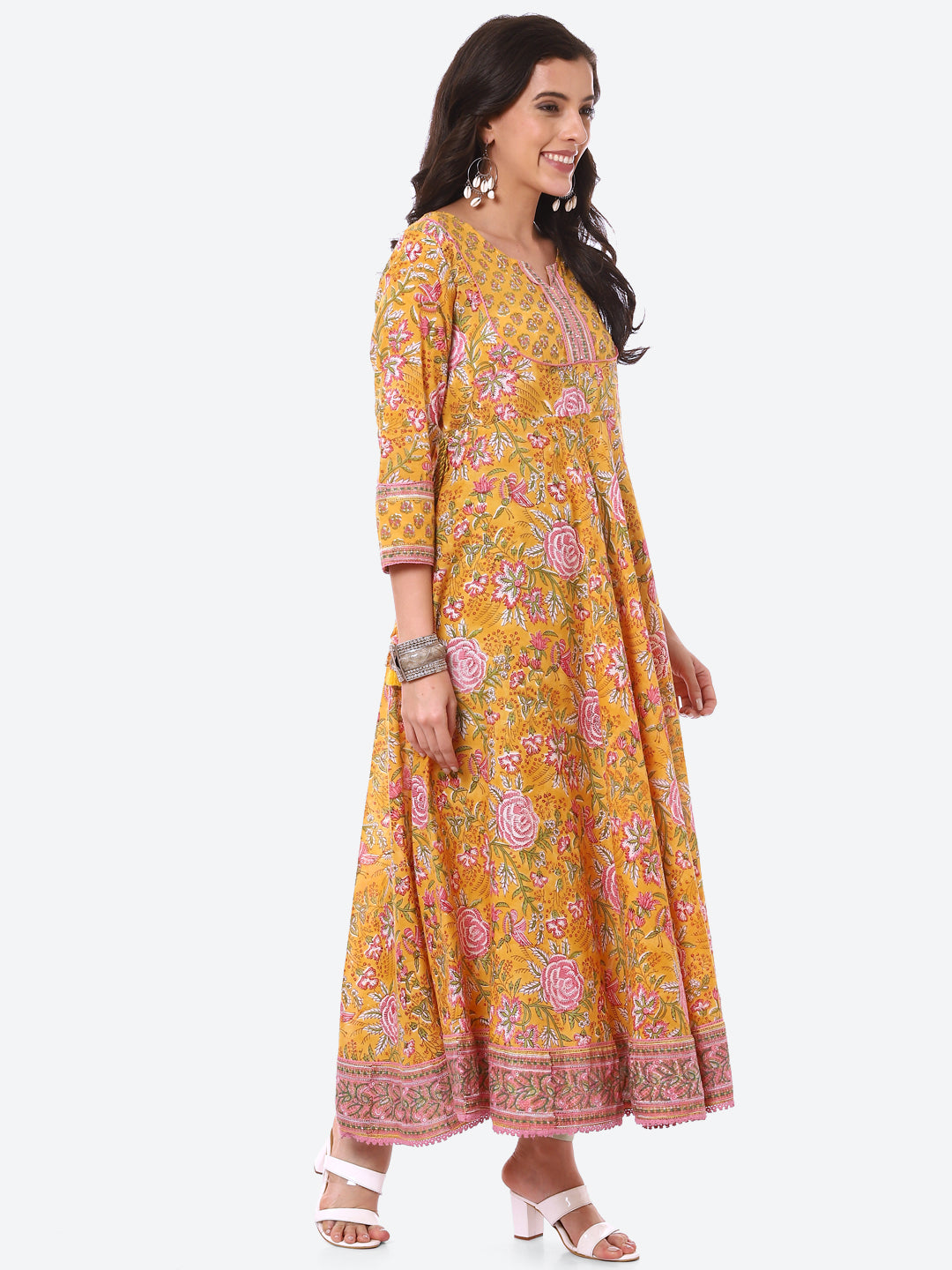 Sequin Work Yoke Floral Printed Cotton Anarkali Kurta