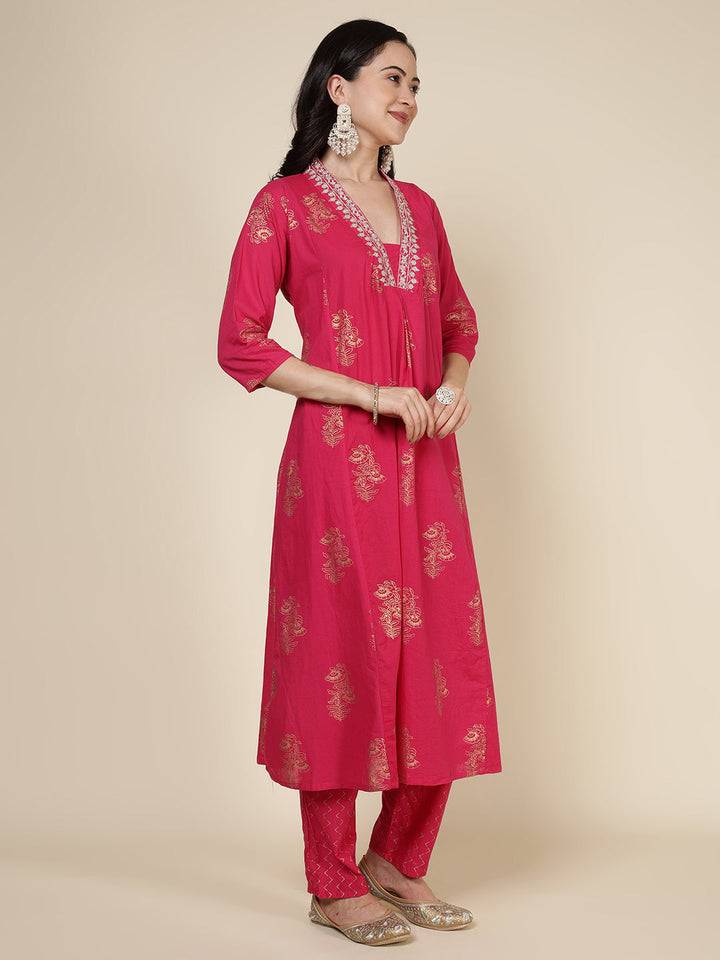 Printed Cotton Blend Kurta With Pants &amp; Dupatta