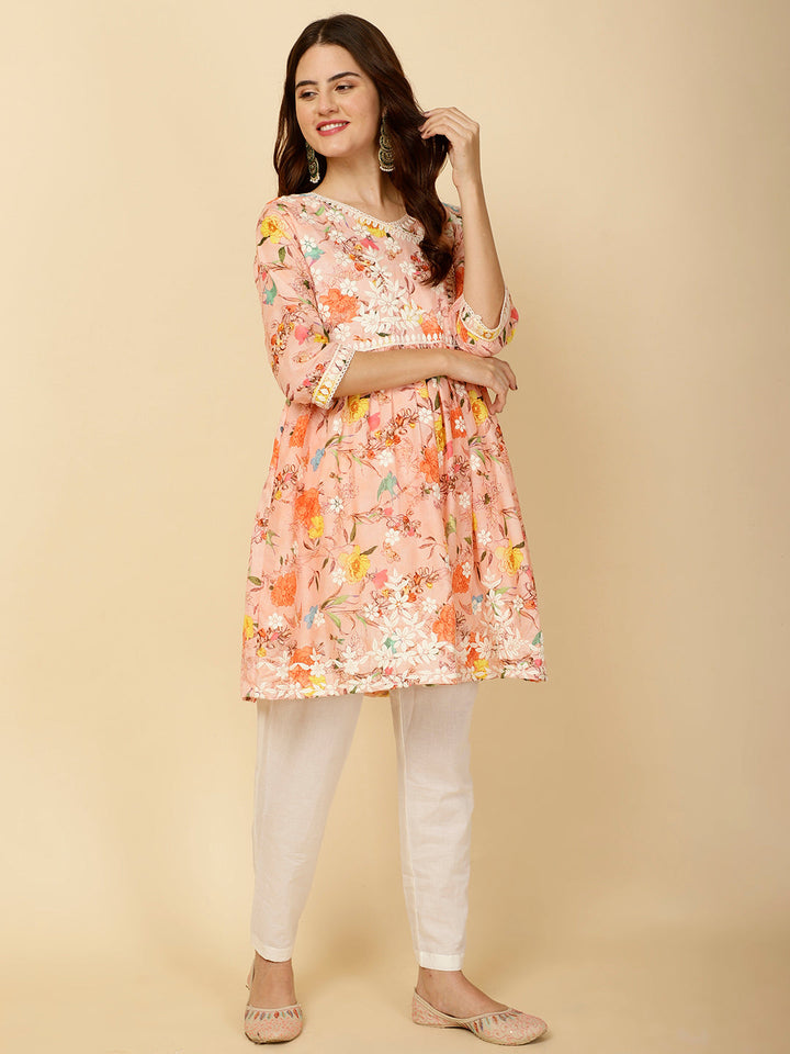 Chikankari &amp; Floral Printed Cotton Kurti