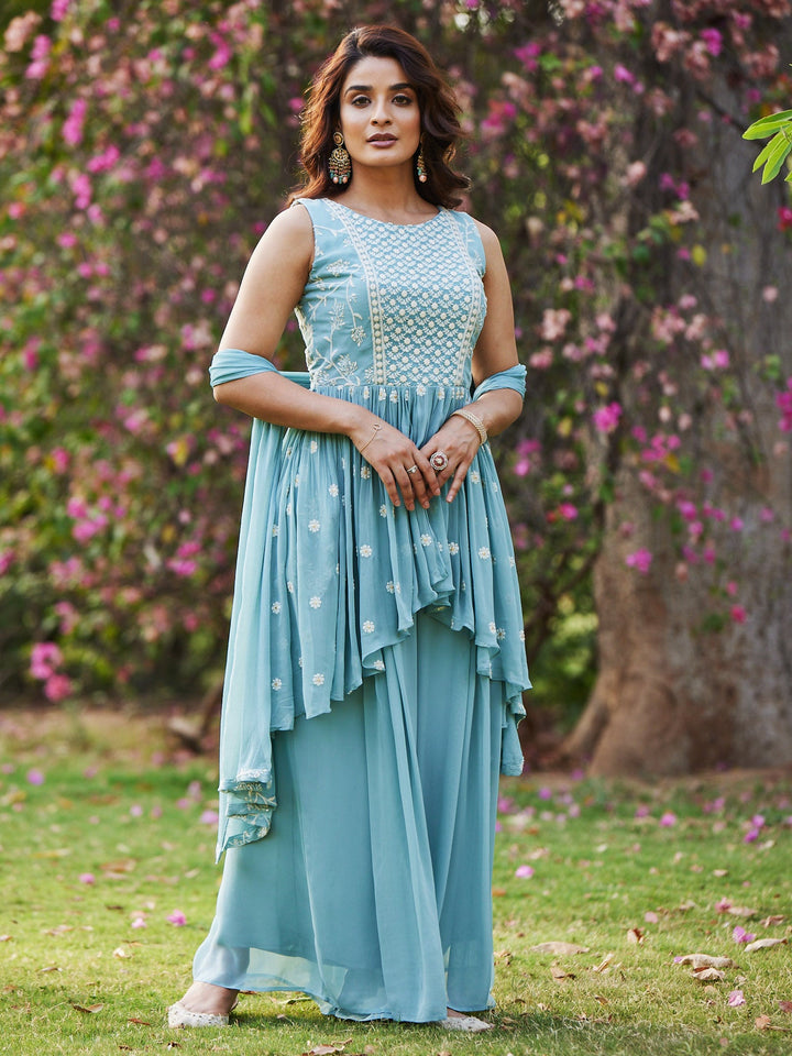 Resham Booti Embroidered Gerorgette Kurti With Palazzo &amp; Dupatta